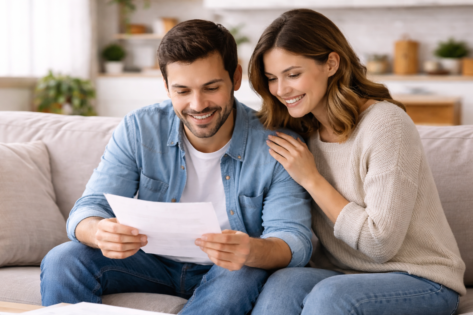 Couple heureux lisant un document sur les aides ensemble