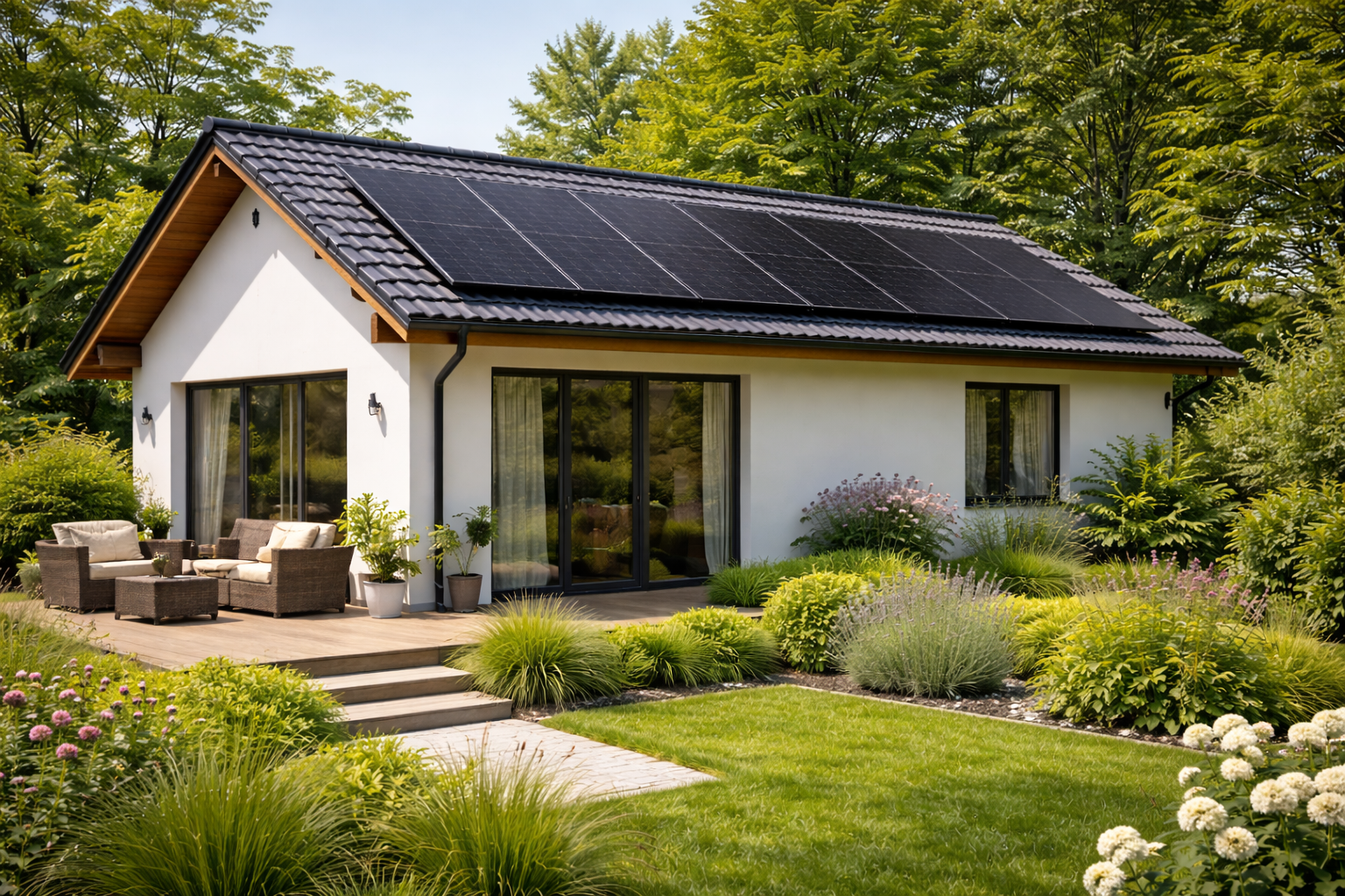 Maison moderne avec panneaux solaires et jardin verdoyant