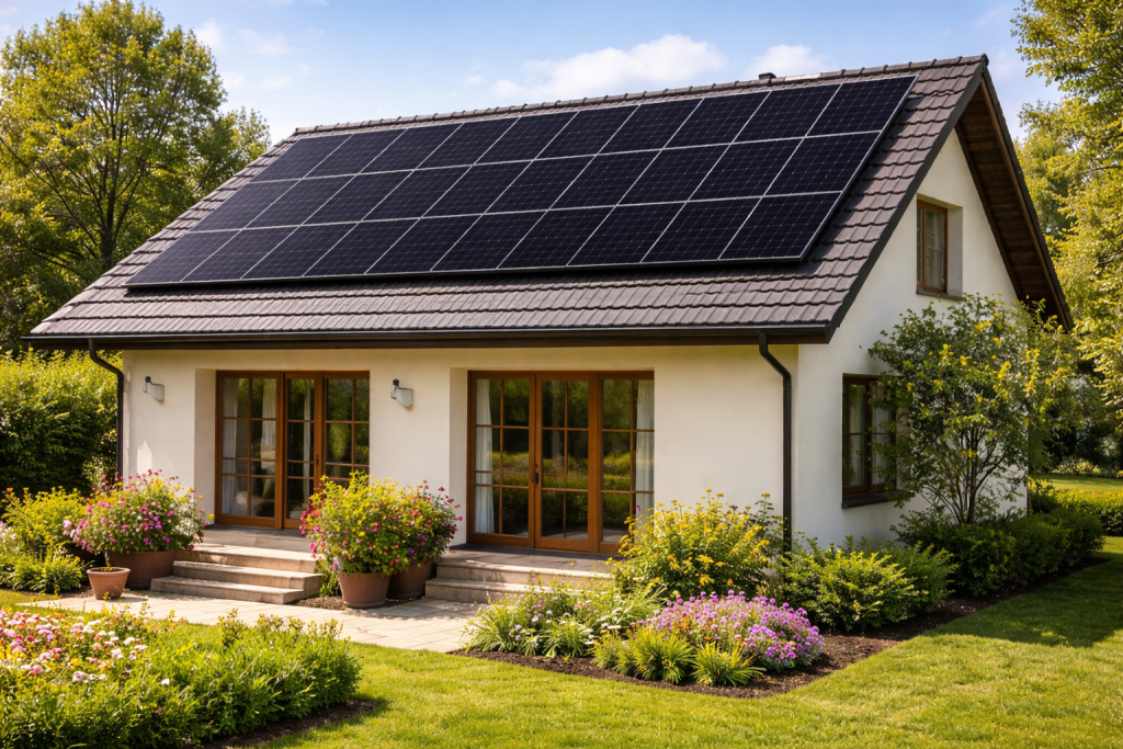 Panneaux solaires photovoltaïques installés sur toiture résidentielle en Auvergne